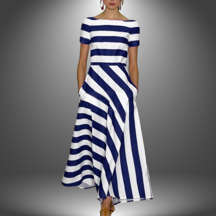 Lyric - Elegant Short-Sleeved Stripes Pocket Dress