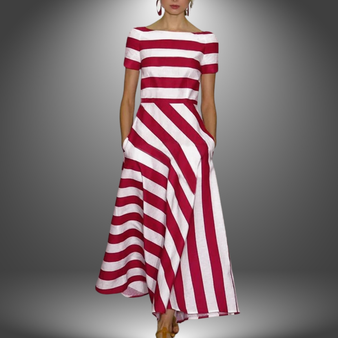 Lyric - Elegant Short-Sleeved Stripes Pocket Dress